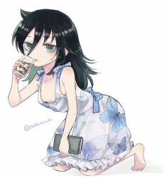 1girl animal_print bag bags_under_eyes barefoot black_hair breasts butterfly_print clutch commentary_request cup dress drink full_body green_eyes hair_between_eyes highres holding holding_bag holding_cup kneeling kuroki_tomoko long_bangs long_hair looking_at_viewer nuka_(nukamochi) open_mouth print_dress simple_background small_breasts solo sundress twitter_username watashi_ga_motenai_no_wa_dou_kangaetemo_omaera_ga_warui! white_background white_dress