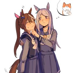 Rule 34 | 2girls, animal ears, blush stickers, bow, bowtie, brown hair, cat, closed eyes, closed mouth, hand on another&#039;s chin, hand on another&#039;s shoulder, highres, horse ears, horse girl, horse tail, long hair, long sleeves, looking at another, mao^2, mejiro mcqueen (umamusume), motion lines, multiple girls, pink eyes, ponytail, purple hair, purple shirt, purple skirt, sailor collar, school uniform, shirt, skirt, stroking another&#039;s chin, sweatdrop, tail, thought bubble, tokai teio (umamusume), tracen school uniform, umamusume, white bow, white bowtie
