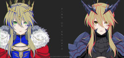 Rule 34 | absurdres, armor, artoria pendragon (all), artoria pendragon (fate), artoria pendragon (lancer) (fate), bad id, bad pixiv id, blonde hair, braid, cape, cleavage cutout, clothing cutout, crown, english text, fate/grand order, fate (series), french braid, fur-trimmed cape, fur trim, green eyes, grey background, hair between eyes, highres, open mouth, saber (fate), shoulder armor, sidelocks, simple background, yellow eyes, yuuta (yuuta0312)