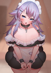 Rule 34 | 1girl, :o, absurdres, alternate costume, apron, black dress, blue hair, blurry, blurry background, blush, breasts, broken, broken chain, chain, cleavage, collar, dress, enmaided, hair ornament, hairclip, highres, karin (a62826704), large breasts, long hair, looking to the side, maid, maid apron, maid headdress, nijisanji, nijisanji kr, nun bora, off-shoulder dress, off shoulder, open mouth, purple eyes, purple hair, solo, virtual youtuber, wrist cuffs