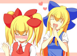 Rule 34 | 2girls, alternate hairstyle, ascot, blonde hair, blush, bow, clenched hands, closed eyes, female focus, hair bow, own hands clasped, heart, hourai doll, konbini@7-23, long hair, multiple girls, open mouth, own hands together, shanghai doll, short sleeves, touhou, trembling