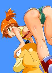 Rule 34 | 1girl, alternate color, ass, bad anatomy, bare legs, bare shoulders, bent over, blue background, blush, breasts, creatures (company), crop top, from behind, game freak, gen 1 pokemon, highres, looking at viewer, looking back, midriff, misty (pokemon), nintendo, orange eyes, orange hair, panties, panty slip, pantyshot, perspective, pokemon, pokemon (anime), pokemon (classic anime), pokemon (creature), psyduck, shiny skin, shoes, short shorts, shorts, side ponytail, simple background, sleeveless, small breasts, sneakers, standing, suspenders, tashiromotoi, underboob, underwear, upshorts, yellow panties