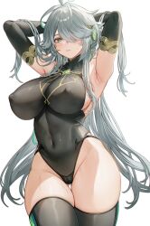 Rule 34 | 1girl, alhaitham (genshin impact), alpaitham, armpits, arms up, black leotard, black thighhighs, blush, breasts, cameltoe, cleft of venus, commentary, elbow gloves, genderswap, genderswap (mtf), genshin impact, gloves, green eyes, grey hair, hair over one eye, highres, jewelry, large breasts, leotard, long hair, looking at viewer, parted lips, shiny clothes, sideboob, sidelighting, skin tight, skindentation, solo, standing, symbol-only commentary, thick thighs, thighhighs, thighs, very long hair, white background
