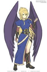 Rule 34 | 1girl, blonde hair, boots, breasts, breath of fire, breath of fire ii, bridal gauntlets, closed mouth, dress, feathered wings, full body, gofelem, knee boots, long hair, looking at viewer, nina (breath of fire ii), purple wings, simple background, smile, solo, white background, wings