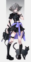 Rule 34 | 1girl, absurdres, ahoge, animal, arutera, bag, banned artist, black bag, black bracelet, black choker, black footwear, bracelet, cat, chain, chain necklace, choker, closed mouth, commentary, fingernails, fishnet thighhighs, fishnets, full body, grey hair, hair over one eye, highres, jewelry, light particles, light rays, long fingernails, looking at viewer, medium hair, midriff, nail polish, navel, necklace, original, patterned, patterned clothing, purple eyes, purple nails, ring, ring necklace, symbol-only commentary, thigh strap, thighhighs, torn, torn clothes