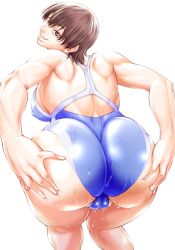 Rule 34 | 1girl, absurdres, ass, back, barefoot, bouzu oyaji, breasts, brown hair, cameltoe, cleft of venus, competition swimsuit, highres, huge ass, looking at viewer, one-piece swimsuit, partially visible vulva, pussy, shiho (watashi ga toriko ni natte yaru), shiny skin, short hair, smile, solo, sweat, swimsuit, watashi ga toriko ni natte yaru