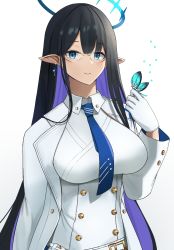 Rule 34 | 1girl, belt, black hair, blue archive, blue eyes, blue necktie, breasts, bug, butterfly, butterfly on hand, coat, collared dress, dress, earrings, glasses, gloves, halo, highres, insect, jewelry, large breasts, long hair, long sleeves, looking at viewer, nana24, necktie, parted lips, pointy ears, rin (blue archive), sidelocks, simple background, solo, upper body, white background, white belt, white coat, white gloves