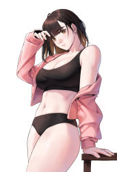 Rule 34 | 1girl, arm support, black bra, black panties, bra, breasts, brown eyes, brown hair, cleavage, closed mouth, cocoro moto, commentary, cropped jacket, hand up, highres, jacket, large breasts, long sleeves, looking at viewer, medium hair, mole, mole under mouth, navel, no pants, open clothes, open jacket, original, panties, pink jacket, simple background, sleeves past wrists, solo, standing, stomach, symbol-only commentary, underwear