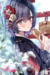 Rule 34 | 1girl, black kimono, blue hair, blurry, blurry foreground, blush, brown eyes, commentary, dark blue hair, ema, floral print kimono, flower, from side, furisode, hair between eyes, hair flower, hair ornament, holding, holding ema, japanese clothes, kimono, light particles, long bangs, long sleeves, looking at viewer, original, red flower, sakuramon, short hair, solo, upper body, yugaa