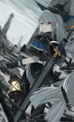 Rule 34 | 1girl, absurdres, ahoge, arknights, black gloves, black hat, building, ciloranko, commentary, from behind, gloves, hat, highres, holding, holding lantern, lantern, long hair, looking back, low-tied long hair, outdoors, rain, red eyes, skadi (arknights), solo, sword, symbol-only commentary, weapon, weapon on back, white hair