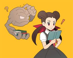 Rule 34 | !, 1girl, ?, book, closed mouth, collared shirt, commentary request, creatures (company), dress, eyelashes, game freak, gen 1 pokemon, geodude, grey dress, hair ribbon, hair rings, hand up, holding, holding book, jaho, long hair, necktie, nintendo, pink necktie, pokemon, pokemon (creature), pokemon oras, reading, red eyes, red ribbon, ribbon, roxanne (pokemon), shirt, short sleeves, twintails, white shirt, yellow background