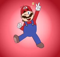 Rule 34 | 1boy, blue eyes, facial hair, full body, grin, hat, highres, jump, looking at viewer, mario, mario (series), mustache, nintendo, open mouth, plumber, smile, solo, star (symbol), super mario bros. 1, v, wink