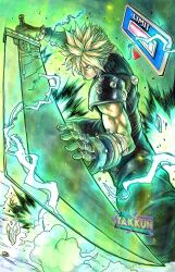 Rule 34 | 1boy, artist name, aura, black pants, blonde hair, buster sword, closed mouth, cloud strife, commentary, electricity, final fantasy, final fantasy vii, frown, gameplay mechanics, green background, highres, holding, holding sword, holding weapon, male focus, muscular, muscular male, pants, shoulder pads, solo, spiked hair, sword, takkun (takkun art), watermark, weapon