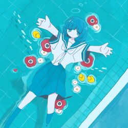 Rule 34 | 1girl, absurdres, afloat, air bubble, anemone (flower), blue eyes, blue hair, blue sailor collar, blue skirt, blue thighhighs, bubble, closed mouth, dot mouth, feet out of frame, fish, flower, from above, highres, long bangs, looking at viewer, medium hair, miniskirt, neckerchief, open hands, original, outstretched arms, pleated skirt, pool, reaching, red flower, rubber duck, sailor collar, school uniform, serafuku, shirt, short sleeves, skirt, solo, sskitaco, thighhighs, water, white neckerchief, white shirt, zettai ryouiki