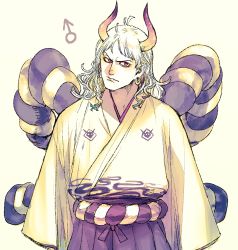 Rule 34 | 1boy, arms at sides, closed mouth, curled horns, earrings, genderswap, genderswap (ftm), hakama, hakama pants, hakama skirt, head tilt, highres, horns, japanese clothes, jewelry, kimono, long hair, long sleeves, looking at viewer, male focus, mars symbol, multicolored horns, one piece, oni, pants, raised eyebrow, rope, shimenawa, shiso i4, skirt, solo, v-shaped eyebrows, yamato (one piece)