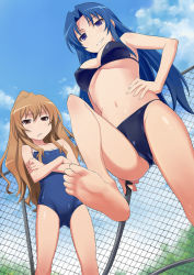 Rule 34 | 00s, 2girls, aisaka taiga, barefoot, bikini, blue hair, breasts, brown eyes, brown hair, chain-link fence, cloud, competition school swimsuit, crossed arms, day, feet, femdom, fence, flat chest, from below, kawashima ami, long hair, maruto!, medium breasts, multiple girls, navel, one-piece swimsuit, outdoors, purple eyes, school swimsuit, sky, small breasts, smile, soles, standing, standing on one leg, stomping, swimsuit, toradora!, underboob, whip