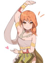 Rule 34 | 1girl, alternate costume, arm up, armlet, armpits, bare shoulders, bracelet, closed mouth, dancer, dancer (fire emblem: three houses), dress, fire emblem, fire emblem: three houses, heart, jewelry, leonie pinelli, looking at viewer, necklace, nintendo, orange hair, pelvic curtain, short hair, simple background, single-shoulder dress, smile, solo, spyg, standing, white background, yellow eyes