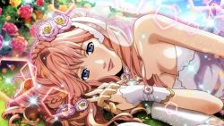 Rule 34 | 1girl, blue eyes, braid, breasts, bridal veil, cleavage, closed mouth, day, dress, flower, game cg, hair flower, hair ornament, holding hands, interlocked fingers, jewelry, long hair, looking at viewer, lying, macross, macross frontier, medium breasts, nail polish, necklace, official art, on side, outdoors, pink flower, pink hair, pink lips, pov, red flower, red rose, rose, sheryl nome, shiny skin, sleeveless, sleeveless dress, smile, sparkle, strapless, strapless dress, uta macross sumaho deculture, veil, wedding dress, white dress, wrist cuffs, yellow nails