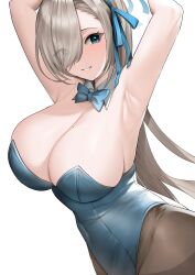 Rule 34 | 1girl, absurdres, armpits, arms up, artist request, asuna (blue archive), asuna (bunny) (blue archive), asymmetrical bangs, blonde hair, blue archive, blue eyes, blue leotard, bow, bowtie, breasts, detached collar, hair over one eye, hair ribbon, halo, highres, large breasts, leotard, pantyhose, playboy bunny, ribbon, simple background, smile, solo, white background