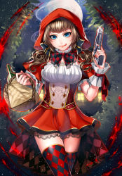 Rule 34 | 1girl, :q, basket, blue eyes, bottle, bow, bowtie, brown hair, cape, capelet, checkered clothes, checkered legwear, dress, full moon, gun, holding, holding weapon, hood, lace, lace-trimmed dress, lace-trimmed skirt, lace trim, lining, little red riding hood, little red riding hood (grimm), long hair, looking at viewer, matsurika youko, moon, nail polish, patterned legwear, red cape, red nails, short sleeves, skirt, smirk, solo, thighhighs, tongue, tongue out, twintails, weapon, zettai ryouiki