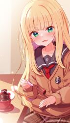 Rule 34 | 1girl, :d, baram, black shirt, blonde hair, blush, brown cardigan, brown skirt, cardigan, chocolate, collarbone, collared shirt, commentary request, food, fruit, green eyes, heart, holding, indoors, long hair, long sleeves, looking at viewer, mononobe alice, multicolored hair, necktie, nijisanji, open mouth, plaid, plaid skirt, puffy long sleeves, puffy sleeves, purple hair, red necktie, school uniform, shirt, sitting, skirt, sleeves past wrists, smile, solo, strawberry, table, two-tone hair, very long hair, virtual youtuber