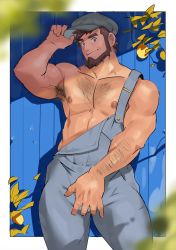 Rule 34 | 1boy, armpit hair, bara, bare pectorals, beard, blurry, blush, brown eyes, brown hair, chest hair, closed mouth, commentary request, covering crotch, covering privates, creatures (company), facial hair, game freak, grabbing own breast, grey hat, grey overalls, hand up, hat, highres, looking at viewer, male focus, meyer (pokemon), nintendo, nipples, overalls, pectorals, pokemon, pokemon (anime), pokemon xy (anime), shiny skin, short hair, smile, solo, thighs, tofu (tofulabo), topless male