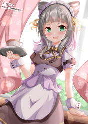 Rule 34 | 1girl, :d, apron, arm support, black dress, blush, bow, bow-shaped hair, commentary request, cup, curtains, dated, dress, fang, green eyes, grey hair, hand up, happy birthday, highres, holding, holding tray, kashiwagi mia, long hair, looking at viewer, maid, maid headdress, ongeki, open mouth, puffy short sleeves, puffy sleeves, short sleeves, smile, solo, tray, white apron, window, wrist cuffs, xenon (for achieve), yellow bow
