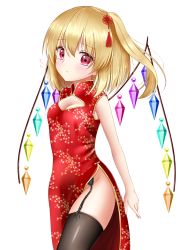 Rule 34 | 1girl, alternate costume, arm at side, arm behind back, bare arms, black thighhighs, blonde hair, blush, breasts, cherry blossoms, china dress, chinese clothes, cleavage cutout, clothing cutout, commentary request, contrapposto, cowboy shot, dress, embarrassed, flandre scarlet, floral print, frown, garter straps, hair between eyes, hair ornament, highres, looking at viewer, nyanyanoruru, red eyes, short hair, side ponytail, simple background, small breasts, solo, tareme, thighhighs, touhou, white background, wings