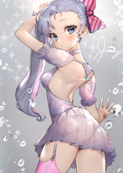 Rule 34 | 1girl, absurdres, blue eyes, bow, character request, choker, commentary request, copyright request, dress, english text, eyelashes, hair bow, hair ornament, highres, hitowa, long hair, looking at viewer, pink thighhighs, ponytail, side ponytail, silver hair, solo, thigh strap, thighhighs, thighs