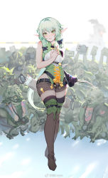 Rule 34 | 1girl, boots, bow, bow (weapon), breasts, camera, elf, glasses, goblin, goblin male, goblin slayer, goblin slayer!, green eyes, green hair, hair bow, hand on own chest, high elf archer (goblin slayer!), highres, hoshimawa, long hair, looking at viewer, low ponytail, out of character, parted lips, pointy ears, quiver, short shorts, shorts, sidelocks, small breasts, smile, solo focus, squatting, thigh boots, thighhighs, thighhighs under boots, very long hair, weapon, weibo watermark