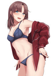 Rule 34 | 1girl, absurdres, bare shoulders, blue bra, blue eyes, blue panties, blush, bra, breasts, brown hair, cleavage, highres, jacket, kiritto, long hair, long sleeves, looking at viewer, medium breasts, navel, open clothes, open jacket, open mouth, original, panties, red jacket, simple background, smile, solo, track jacket, underwear, undressing, white background