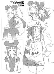 Rule 34 | 2girls, alternate costume, animal ears, backpack, bag, casual, cellphone, commentary request, cowboy shot, ergot, fubuki (kancolle), greyscale, hand on own face, hat, horns, kantai collection, long hair, looking at viewer, low ponytail, lycoris fubuki, minnie mouse ears, monochrome, mouse ears, multiple girls, multiple views, phone, ponytail, selfie, short ponytail, sidelocks, sitting, spoilers, upper body