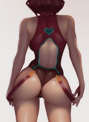 Rule 34 | 1girl, absurdres, ass, ass focus, backboob, breasts, butt crack, from behind, highres, huge ass, large breasts, leotard, pyra (pro swimmer) (xenoblade), pyra (xenoblade), short hair, simple background, standing, thick thighs, thighhighs, thighs, white background, xenoblade chronicles (series), xenoblade chronicles 2, zaki (zaki btw)