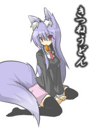 Rule 34 | 1girl, aburaage, animal ears, black thighhighs, female focus, food, food in mouth, fox ears, fox tail, goma (gomasamune), kemonomimi mode, kitsune udon, light purple hair, necktie, pun, red necktie, reisen udongein inaba, skirt, solo, tail, thighhighs, touhou