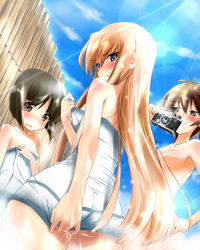 Rule 34 | 3girls, blonde hair, blue eyes, blush, brown eyes, brown hair, camera, censored, convenient censoring, embarrassed, from below, hanna-justina marseille, inagaki mami, katou keiko, lens flare, long hair, looking back, multiple girls, strike witches, towel, witches of africa, world witches series, yuzuyoukan