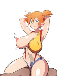 Rule 34 | 1girl, asymmetrical hair, bare arms, blue eyes, blush, breast slip, breasts, cleft of venus, creatures (company), dd (giogio99), denim, denim shorts, eyelashes, game freak, gym leader, hair tie, highres, large breasts, legs, misty (pokemon), nintendo, nipples, one breast out, orange hair, pokemon, pokemon (anime), pokemon (classic anime), ponytail, puffy areolae, pussy, riding, sex, shirt, short hair, short shorts, shorts, side ponytail, suspenders, tank top, yellow shirt, yellow tank top