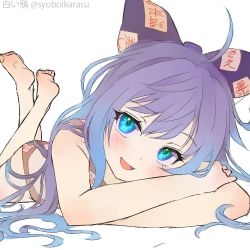 Rule 34 | 1girl, :d, bare arms, barefoot, blue bow, blue eyes, blue hair, blush, bow, debt, hair between eyes, long hair, looking at viewer, lying, on stomach, open mouth, shiroi karasu, simple background, smile, solo, the pose, touhou, white background, yorigami shion
