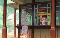 Rule 34 | 1girl, bush, can, commentary, drink can, english commentary, ice cream stand, ketchup bottle, kiosk, looking afar, maid, maid headdress, mustard bottle, original, outdoors, paid reward available, parted bangs, pink eyes, pink hair, soda can, stairs, timbougami, tree, twintails