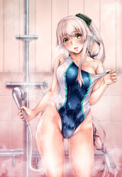Rule 34 | 1girl, alternate costume, bathroom, breasts, competition swimsuit, covered erect nipples, green eyes, hair flaps, hair ribbon, highres, holding, holding shower head, kantai collection, long hair, medium breasts, one-piece swimsuit, pink hair, ponytail, ribbon, shower (place), shower head, showering, solo, swimsuit, tile wall, tiles, tsukineko, very long hair, water, wet, yura (kancolle)