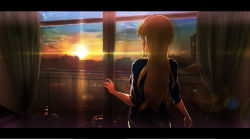 Rule 34 | 1girl, 71, blonde hair, cityscape, cloud, from behind, instrument, k-on!, keyboard (instrument), kotobuki tsumugi, lens flare, letterboxed, long hair, sky, solo, sun, twilight, window