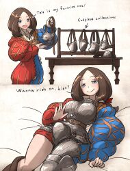 Rule 34 | 1girl, armor, blue eyes, boobplate, boots, breastplate, brown hair, codpiece, comic, english text, greaves, hat, highres, ironlily, landsknecht, landsknecht (ironlily), long sleeves, lying, on back, original, puffy long sleeves, puffy sleeves, single greave, smile