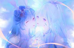 Rule 34 | 2girls, absurdres, animal ears, baptistw bao, closed mouth, dots, douluo dalu, dress, dual persona, hair ornament, hair tie, heart, heart hands, highres, long hair, looking at viewer, mei gongzi (douluo dalu), multiple girls, ponytail, rabbit ears, tongue, tongue out, upper body, white dress, white hair, xiao wu (douluo dalu)