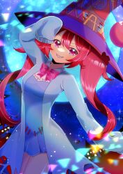 Rule 34 | 1girl, arm up, blue dress, blue jacket, blue moon, bow, breasts, collared shirt, commentary request, commission, dress, frilled dress, frills, full moon, grin, hair between eyes, hat, jacket, kou hiyoyo, long hair, long sleeves, looking at viewer, moon, night, night sky, open clothes, open jacket, original, outdoors, pink bow, pleated dress, purple eyes, purple hat, red hair, ringed eyes, sharp teeth, shirt, skeb commission, sky, sleeves past fingers, sleeves past wrists, small breasts, smile, solo, teeth, twintails, very long hair, white shirt, witch hat