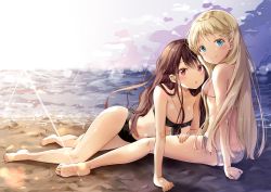Rule 34 | 2girls, :o, absurdres, arm support, bandeau, bare arms, bare legs, bare shoulders, barefoot, beach, bikini, black bikini, blonde hair, blue eyes, blush, breasts, brown hair, c:, cleavage, closed mouth, day, feet, female focus, full body, hair over breasts, hand on another&#039;s thigh, highres, legs, long hair, looking at viewer, lying, medium breasts, midriff, multiple girls, navel, open mouth, original, outdoors, red eyes, revision, side-tie bikini bottom, sideboob, sitting, small breasts, smile, sparkle, sunlight, swimsuit, white bikini, yoshida iyo, yuri