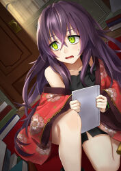 Rule 34 | 1girl, bags under eyes, bare shoulders, black shorts, black tank top, book, collarbone, commentary, floral print, green eyes, haori, highres, holding, holding book, indoors, japanese clothes, kurofuti, long hair, looking back, messy hair, mouri toushirou (tenka hyakken), namazuo toushirou (tenka hyakken), off shoulder, on one knee, open door, open mouth, pile of books, purple hair, raised eyebrows, shorts, solo focus, sweatdrop, tank top, tenka hyakken
