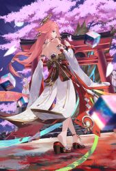 Rule 34 | 1girl, animal ears, back, back bow, backless outfit, bow, cherry blossoms, cube, detached sleeves, dress, fox ears, fox statue, from behind, genshin impact, high heels, highres, kamikura (kamikuralagu), long hair, looking at viewer, moon, night, night sky, nontraditional miko, obi, off-shoulder dress, off shoulder, parted lips, pink hair, purple eyes, sandals, sash, sky, solo, star (sky), starry sky, torii, tree, wide sleeves, yae miko