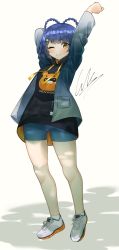 Rule 34 | 1girl, ;), absurdres, alternate costume, arms up, bike shorts, blue hair, braid, casual, cobe, full body, genshin impact, guoba (genshin impact), highres, hood, hoodie, jacket, long sleeves, looking at viewer, one eye closed, open clothes, open jacket, shoes, short hair, shorts, signature, smile, sneakers, solo, standing, stretching, twin braids, xiangling (genshin impact), xiangling (huanglong) (genshin impact), yellow eyes