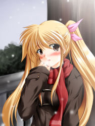Rule 34 | 00s, blonde hair, blush, breath, fate testarossa, long hair, lyrical nanoha, mahou shoujo lyrical nanoha, mahou shoujo lyrical nanoha strikers, non-web source, red eyes, scarf, snow, solo, twintails, winter clothes