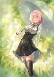 Rule 34 | 1girl, :d, alternate costume, arm behind head, backlighting, bad id, bad pixiv id, black skirt, black thighhighs, blurry, blurry background, blush, breasts, center frills, fate (series), frills, hair over one eye, high-waist skirt, highres, holding, holding umbrella, large breasts, long sleeves, looking at viewer, mash kyrielight, meme attire, open mouth, outdoors, pink hair, plant, purple eyes, shirt, short hair, skirt, smile, solo, standing, tareme, thighhighs, umbrella, virgin killer outfit, white shirt, yahiro (heartseek000), zettai ryouiki