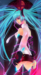 Rule 34 | 1girl, aqua eyes, aqua hair, ass, bad id, bad pixiv id, bare shoulders, blue hair, butt crack, cross, detached sleeves, full moon, glowing, hatsune miku, hatsune miku (append), headset, highres, long hair, looking back, moon, necktie, open mouth, red moon, solo, standing, twintails, usui hinagi, very long hair, vocaloid, vocaloid append, yukina (ss336336)